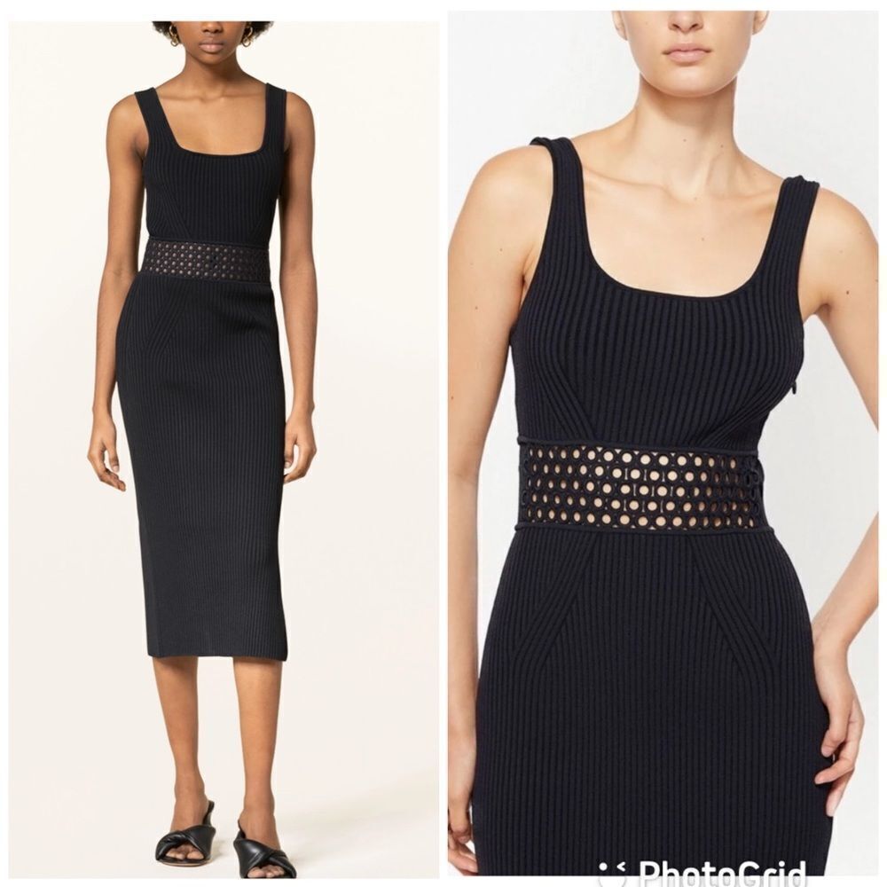 NEW Jonathan Simkhai Loren Crochet Ring Knit Midi Dress Black Large